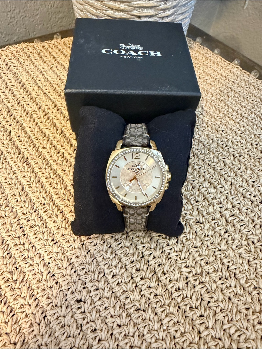 Unisex COACH Gold-Tone Case Watch with Khaki Signature Fabric Strap